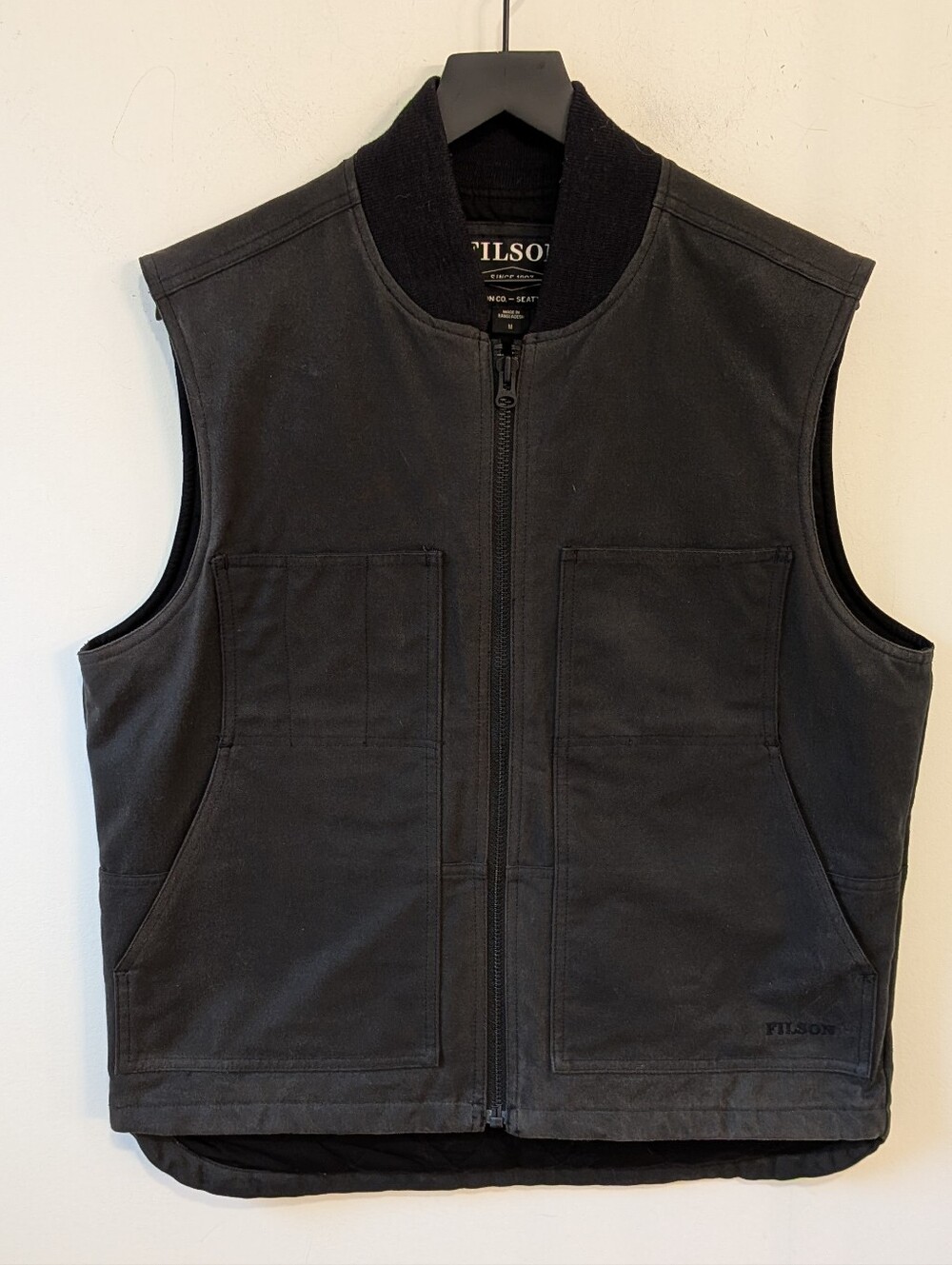 Filson Men's Tin Cloth Insulated Work Vest Waxed Primaloft Faded Black Medium
